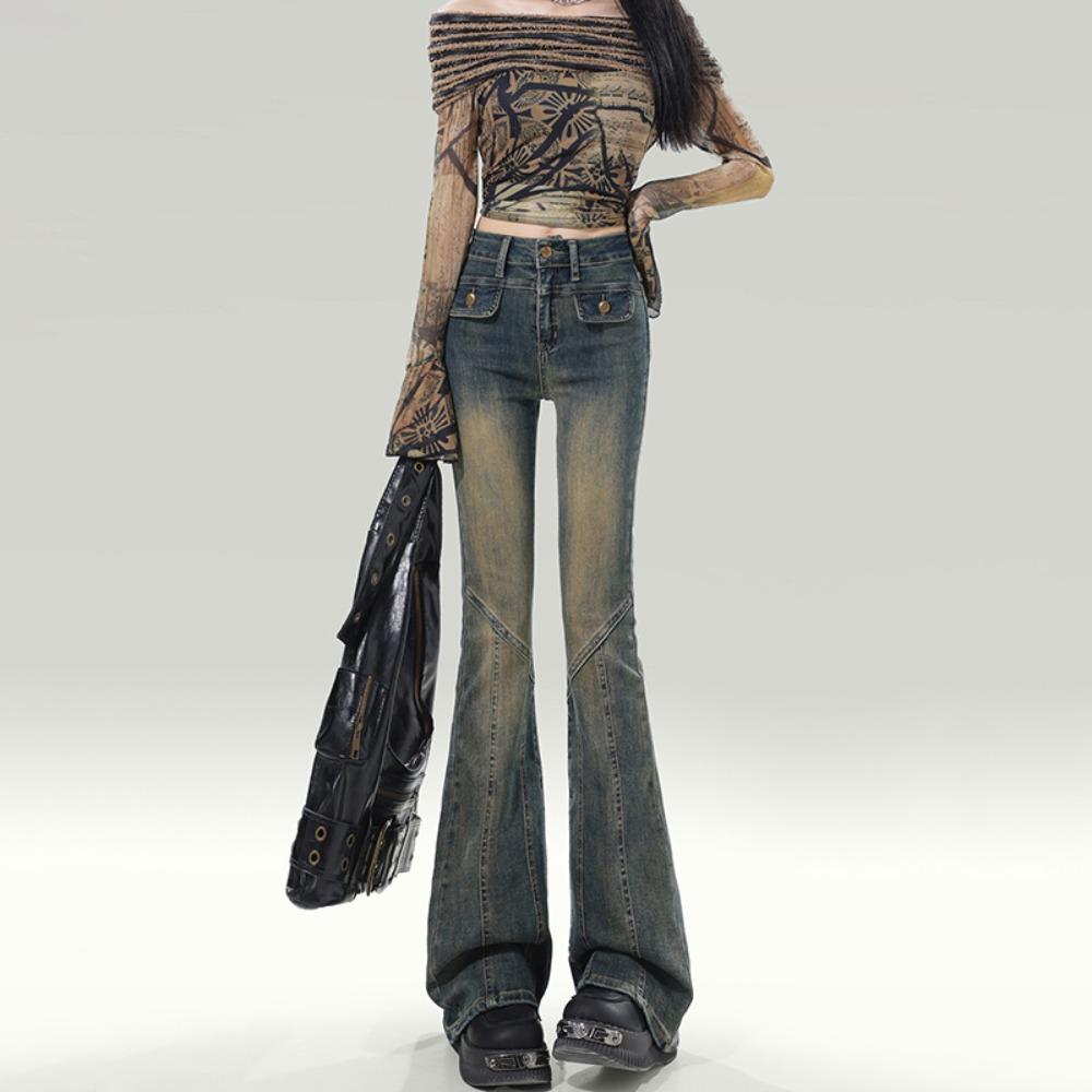 Retro Spice Girl Micro-Flared Jeans Women's Early Autumn New High Waist Elastic Slim Skinny Flared Floor Pants