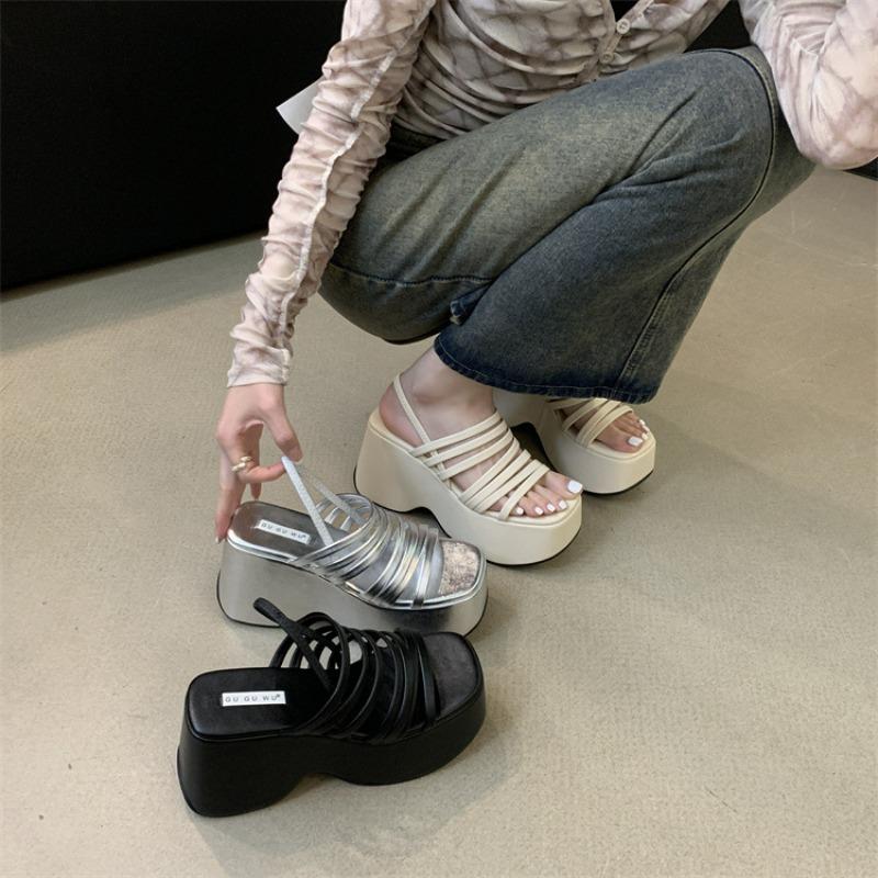 Fashion Silver Wedge Sandals Women Platform Shoes Wedges Black Belt High Heels Gladiator Chunky Heeled Summer Peep Toe Sandal