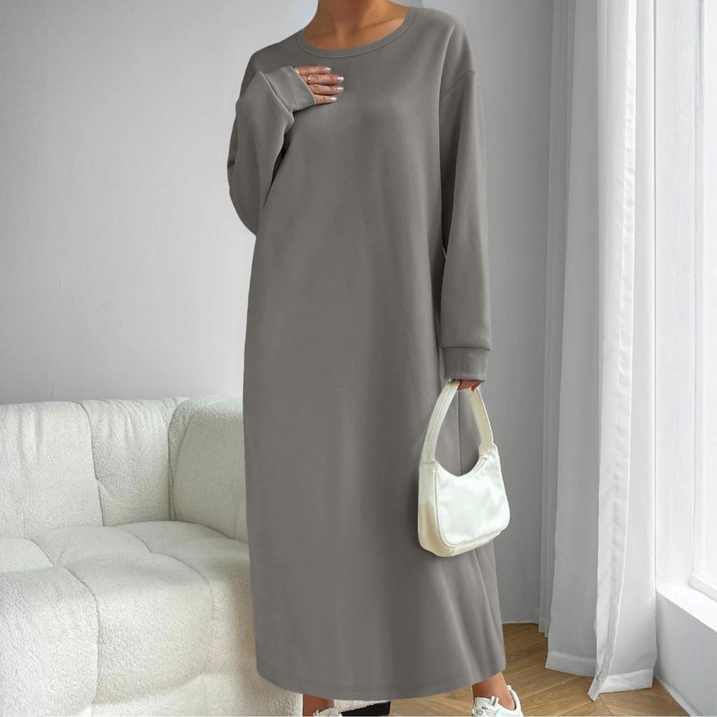 Dámské jednobarevné módní šaty s dlouhým rukávem a kulatým výstřihem