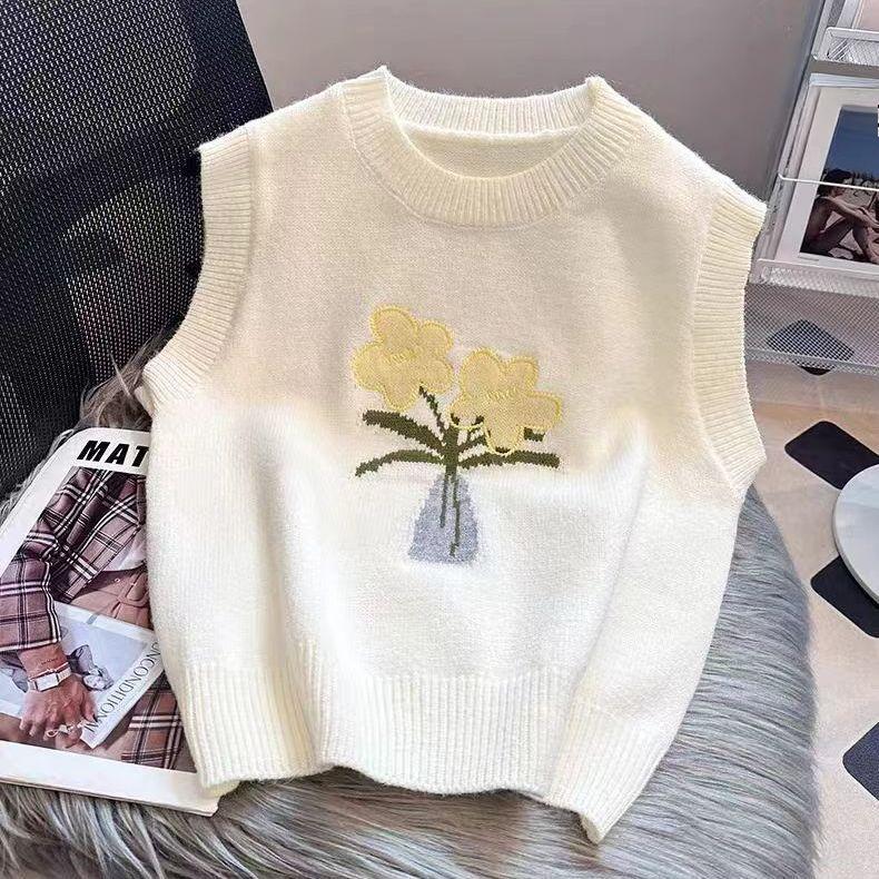 

Вышитый цветочный вязаный жилет, свободный вязаный жилет без рукавов с круглым вырезом на весну и осень L бежевый