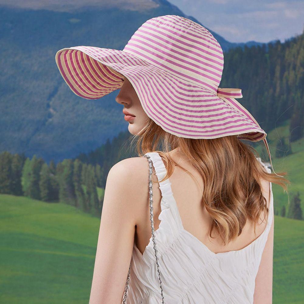 Foldable Summer Sun Hat Bow Sun Protection Cap Fashion Stripe Bucket Hat  Beach