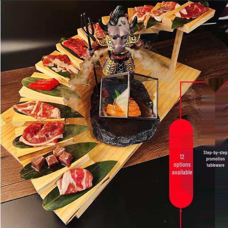 Artistic Wooden Tiered Platter for Sushi, Barbecue, and Hot Pot - Creative Restaurant Tableware Dish Plates