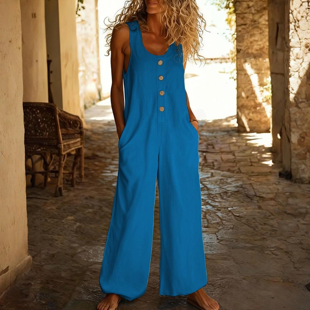 Casual Sleeveless Loose-fitting Jumpsuit With Pockets And Adjustable Straps For Women (long Length).