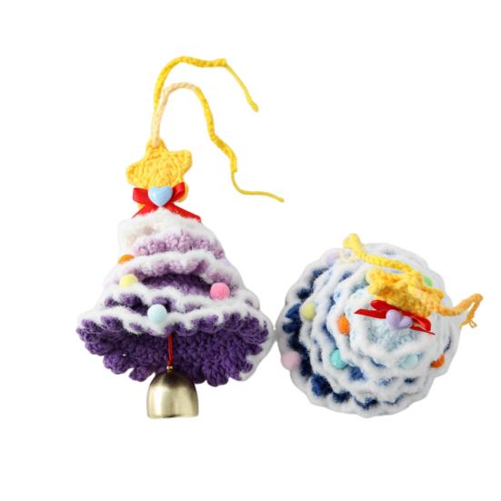 Handmade Mini Knitted Christmas Tree Ornament Multi-Layered Crochet Snow Flocked Tree with Gold Bells
