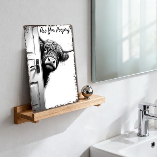 Rustic Farmhouse Bathroom Signs Funny Wall Sign, Vintage Metal Humorous Highland Cow Donkey Sign Art, 12" X 8" for Restroom Washroom Decor Decorative