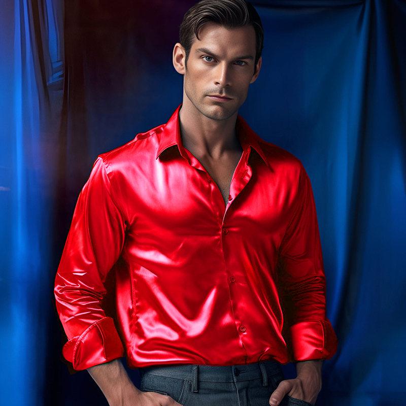 2025 Men's Shiny Satin Long-Sleeve Shirt - Spring/Autumn Trendy Nightclub Style.