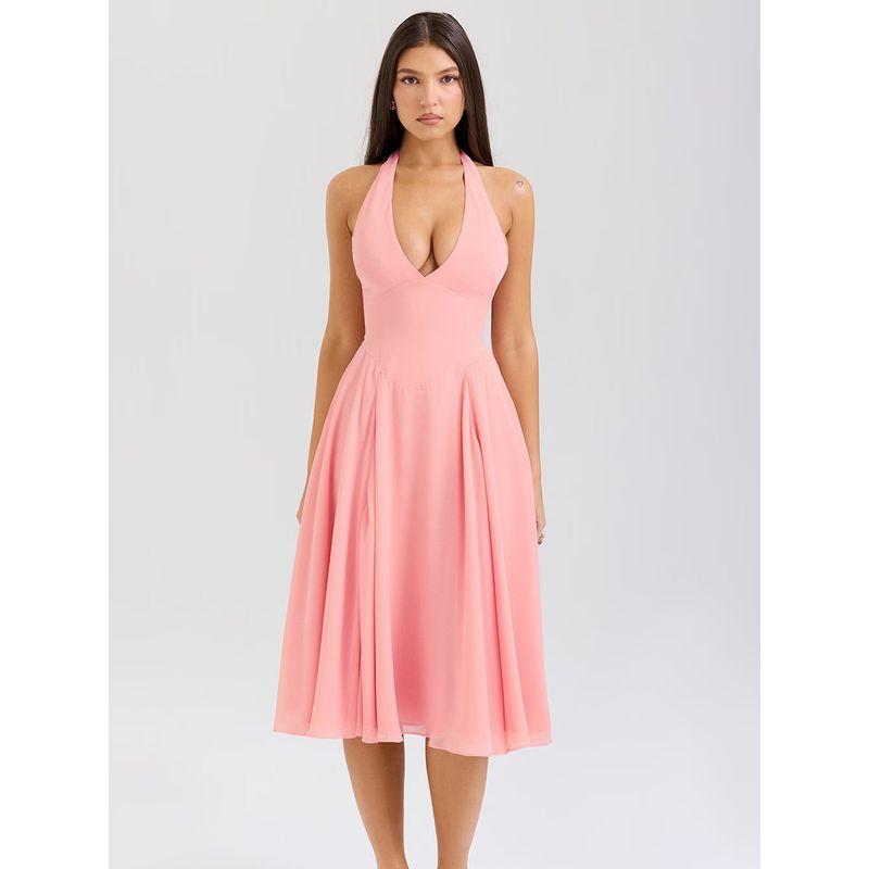 Peach Blossom House Same Style French Atmosphere Peach Pink Deep V Neck Sexy Halter Mid Length Long Length Dress