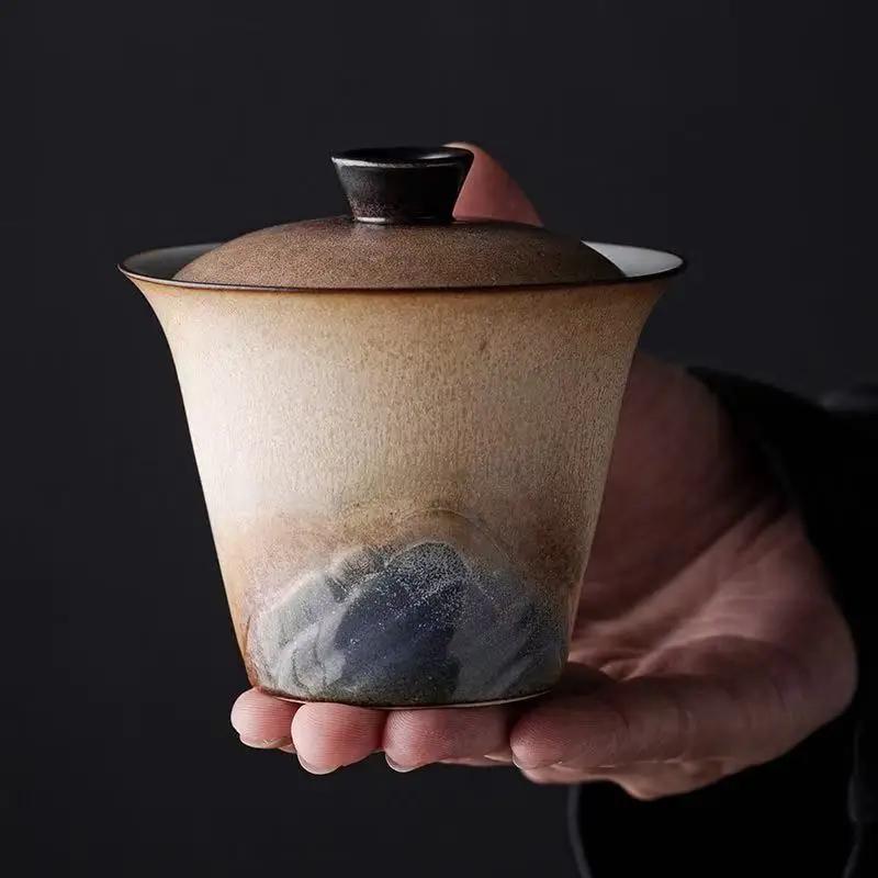 Kiln Change Cangshan Ercai Cover Bowl with Cover Teacup High-end Hand-held Tea Bowl Household Ceramic Kung Fu TeaSet Tea Maker