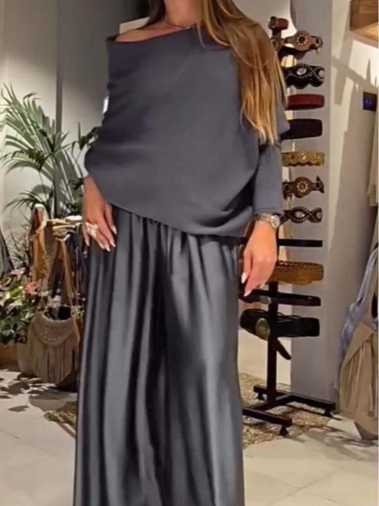 2026 Elegant Off-the-Shoulder Top & Satin Wide-Leg Pants Set