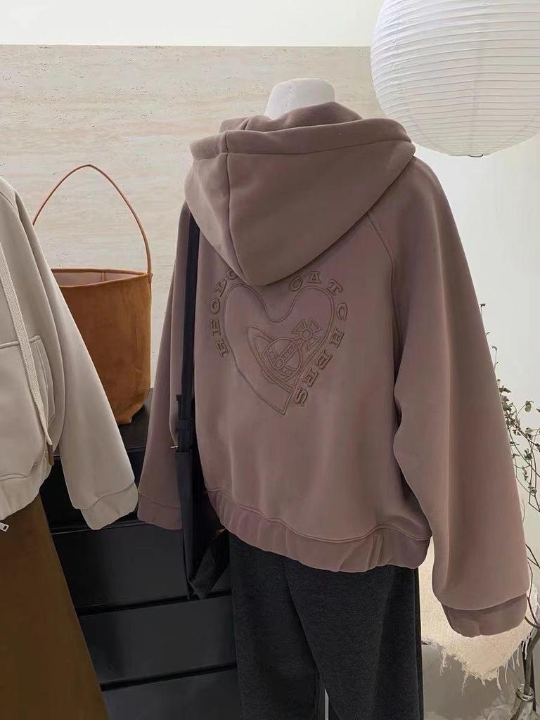 Women's Vintage Fleece-Lined Zip-Up Sweatshirt with Heart Embroidery, Double Zipper, Thick Hood, Loose Fit