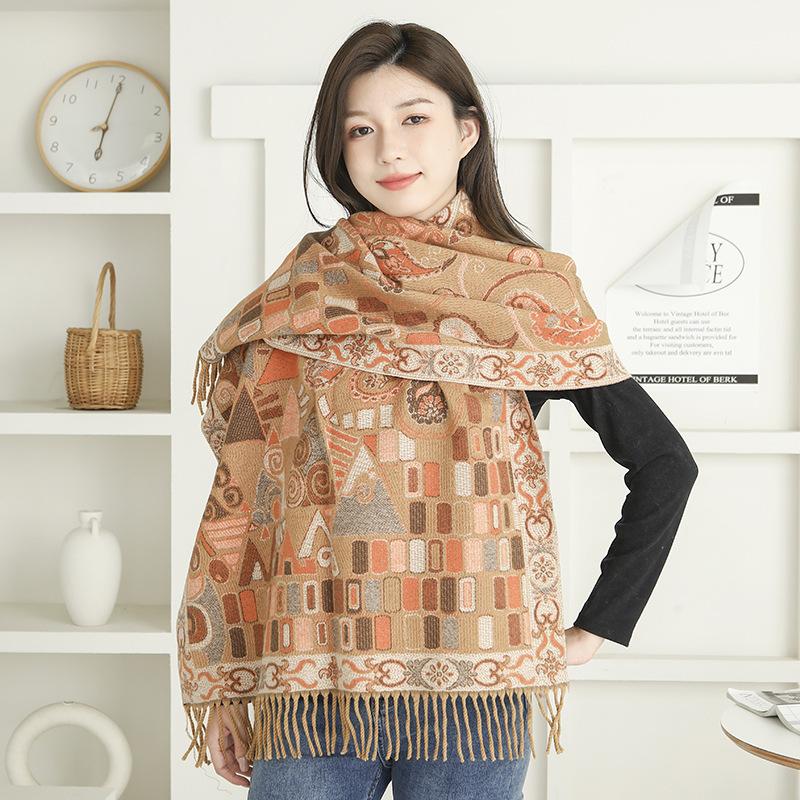 Jacquard Scarf Shawl with Decorative Imitation Cashmere Scarf for Women Winter High End New Style Thickened Ethnic Style Shawl