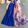Summer Women Casual Plus Size Miyake Folds Print Beading Lace-up Oversize Loose Long Maxi Pleated Dresses