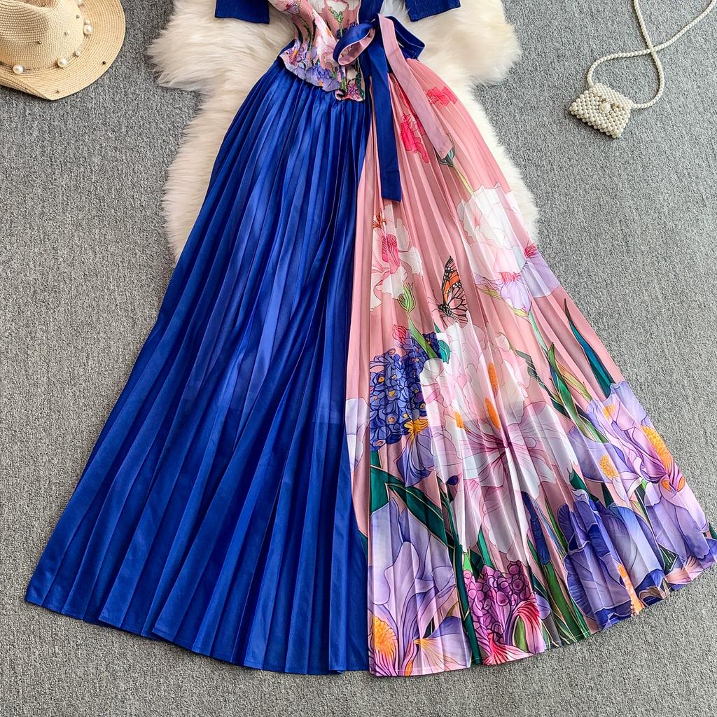 Summer Women Casual Plus Size Miyake Folds Print Beading Lace-up Oversize Loose Long Maxi Pleated Dresses