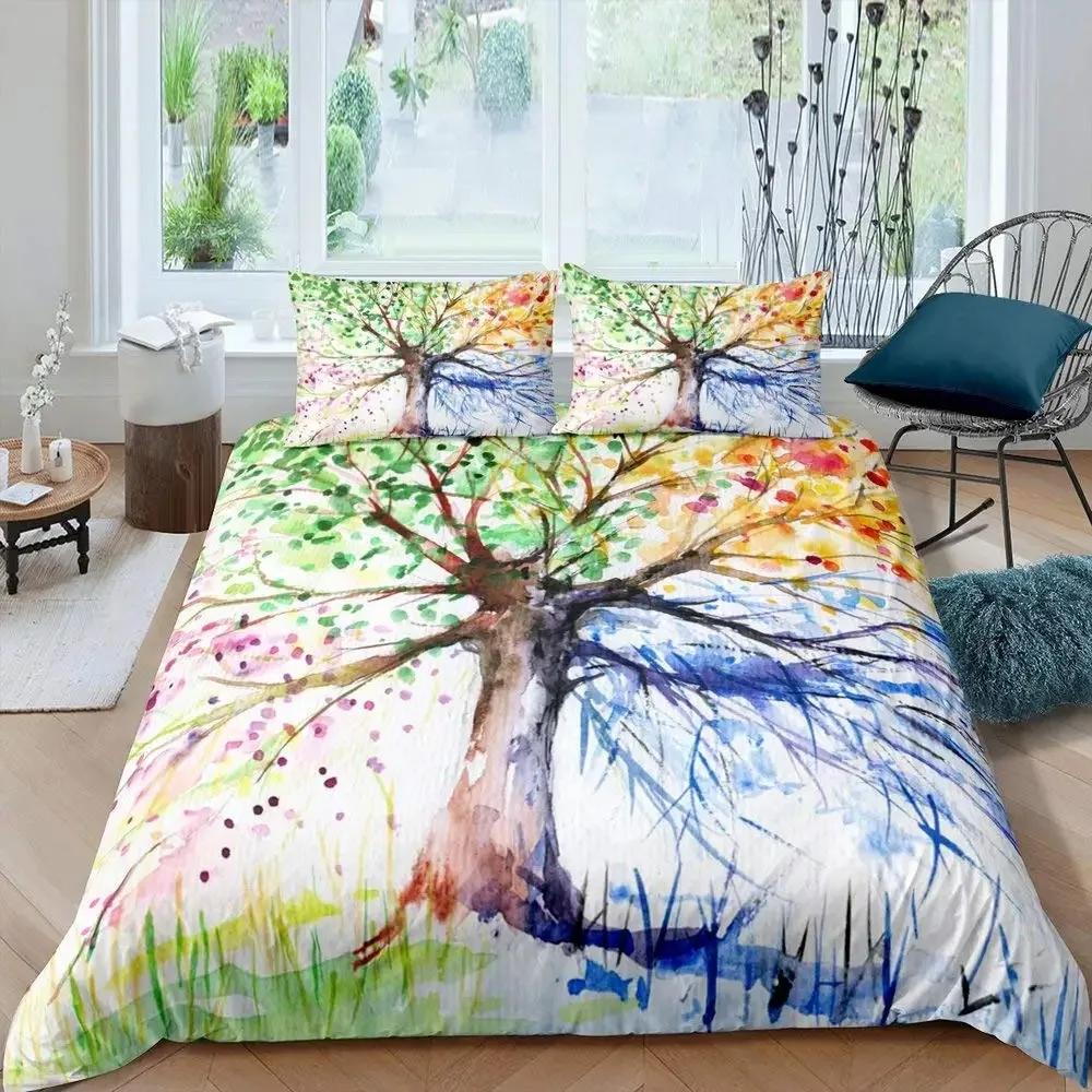 Tree of Life Duvet Cover Set Natural Scenery Bedding Sets Teen Adult Botanical Comforter Cover Autumn Leaves Quilt Set Full Size