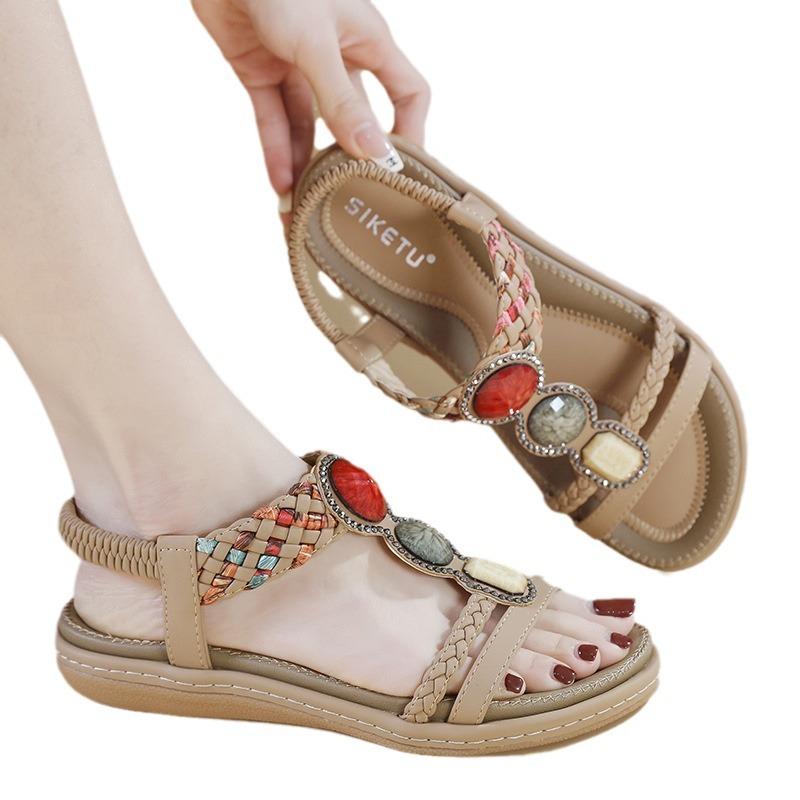 Fashion Summer 2025 New Soft Bottom Flat Sandals For Women Versatile And Fashionable Elastic Straps, Lightweight Sandals Casual