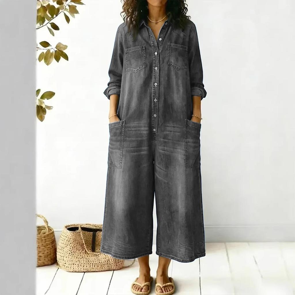 Fashionable Women's Spring And Fashion Sexy Single Breasted Shirt Loose Jumpsuit