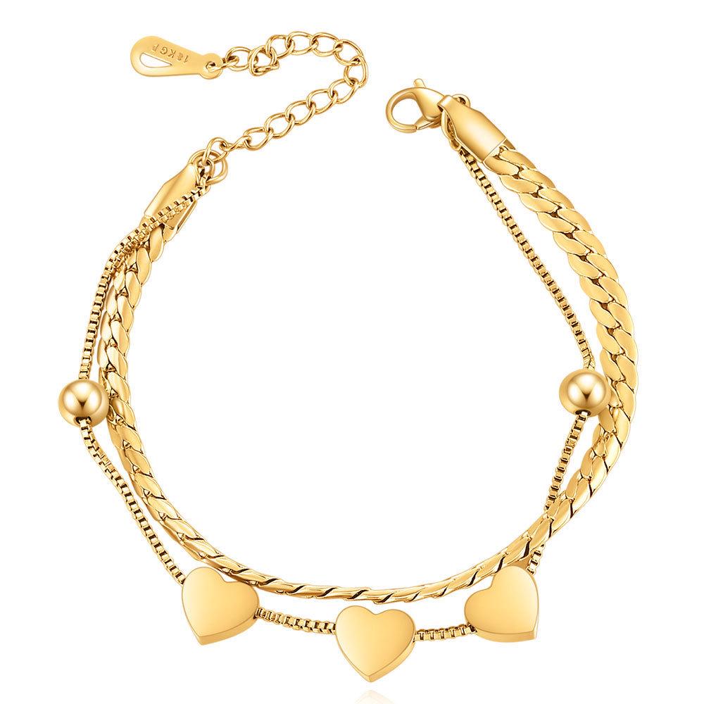 8MM Smooth Surface Heart 18K Gold Stainless Steel Double Layer Bracelet, Laser Engravable