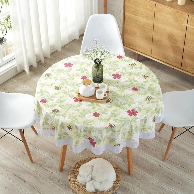 Pvc Hotel Waterproof Tablecloth Printed Oil Resistant Large Circular Table Cloth Hotel Plastic Round Table Cover With Lace Hem