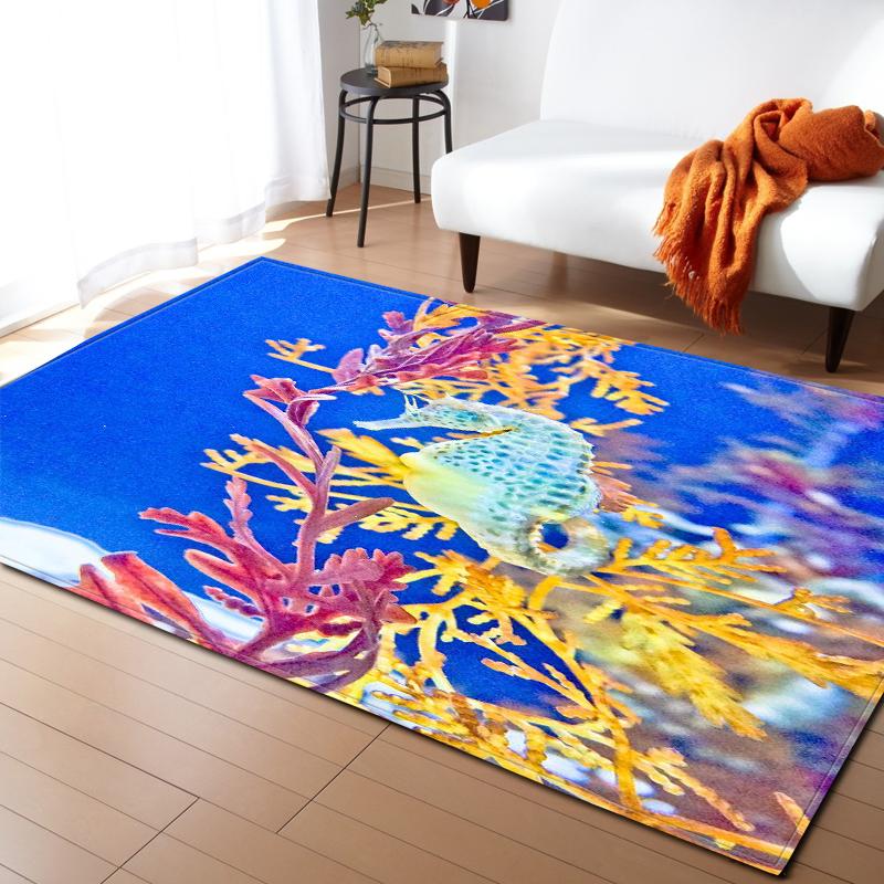 Ocean Corals Living Room Area Rug Fish 3D Carpets Boys Bedroom Play Rugs for Children Room Flannel Kitchen Mat Doormat Entrance