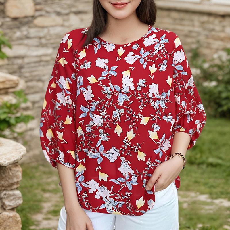 

ZANZEA Женская повседневная блузка с круглым вырезом и рукавами 3/4, свободная летняя с принтом 5XL красный