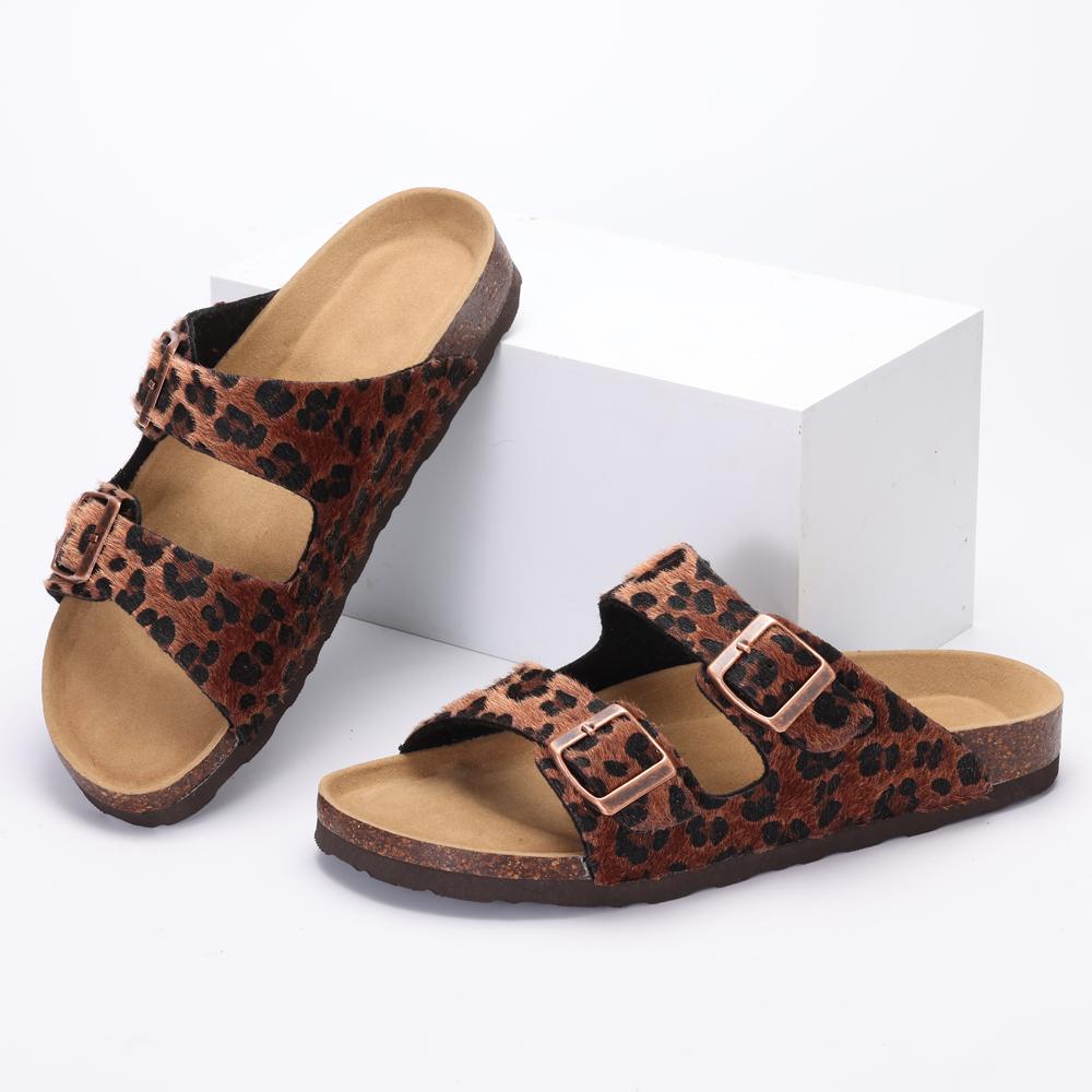 Fashion Litfun Classic Women's Sandals Casual Cork Footbed Flat Bottom Slippers Open Toe Leopard Designed Slides With Adjustable Buckle