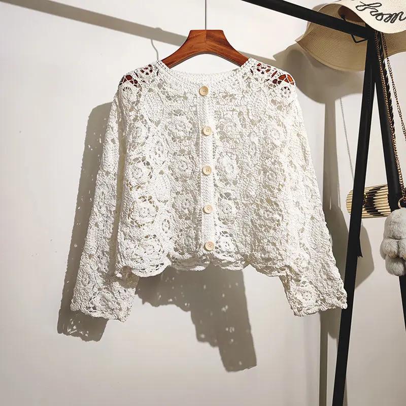 Lace Small Shawl Cotton Cardigan Female Spring and Summer O Neck Long Sleeve Solid Casual Versatile Hollow Cardigan Female