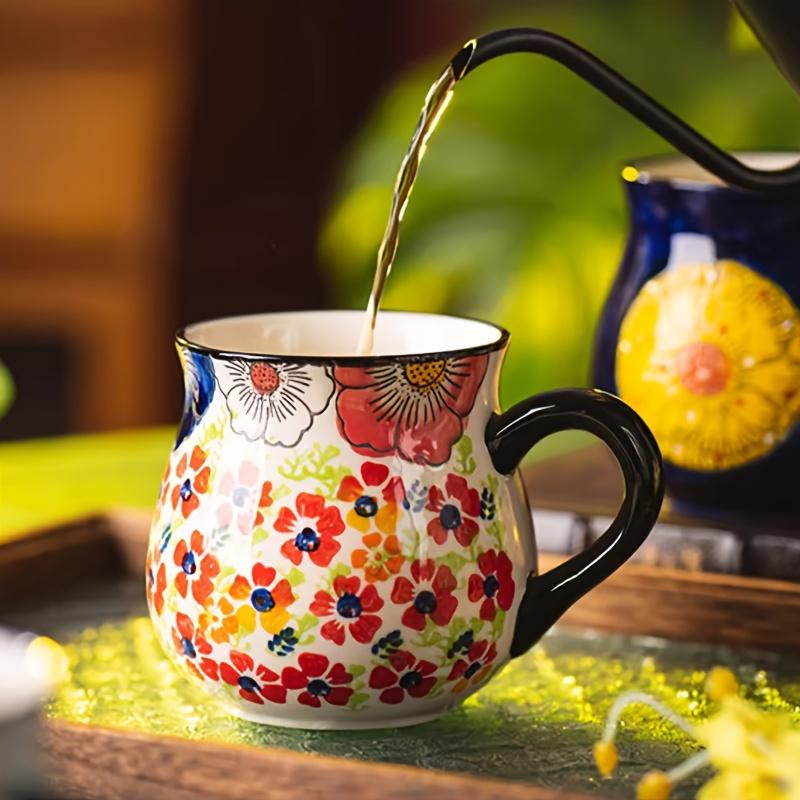 [Elegant Floral Ceramic Mug] 1pc Elegant Hand-Painted Floral Ceramic Mug - Microwave Safe, Insulated for Hot & Cold Drinks - Unique Coffee Accessory