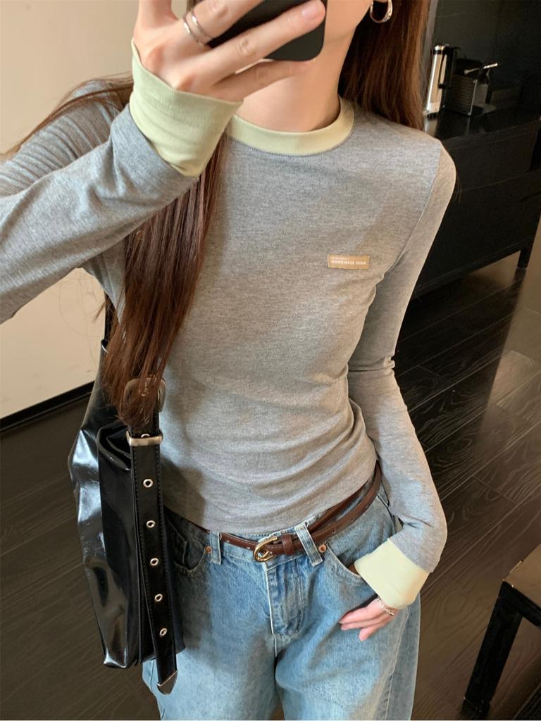 Apricot Chic Fake Two-piece Bottoming Shirt Women's Spring Slim and Thin Contrasting Color Splicing Long-sleeved T-shirt Top
