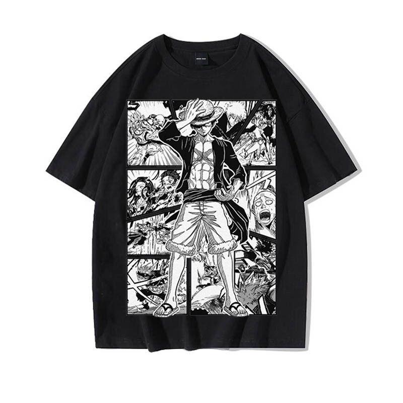 ONE PIECE Joint T-shirt Men's Straw Hat Kid Luffy Retro Printed Short-sleeved Summer Cotton Top Trendy Short T Men and Women