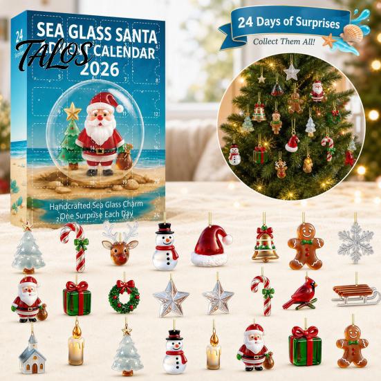 Christmas Tree Hanging Decorations Sea Glass Advent Calendar, 24-Day Acrylic 2D Ornament Set Reusable Holiday Ornaments with Santa Gingerbread