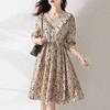 Elegant Broken Flowers A-Line Dresses Vintage Lace V-Neck Spliced Female Clothing Summer Hollow Out Drawstring Waist Midi Dress