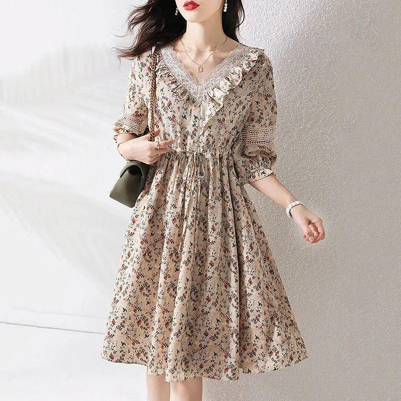 Elegant Broken Flowers A-Line Dresses Vintage Lace V-Neck Spliced Female Clothing Summer Hollow Out Drawstring Waist Midi Dress