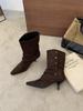 Thin heel short boots women's autumn and winter new versatile French elastic boots suede square high heel thin boots