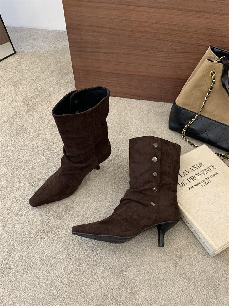 Thin heel short boots women's autumn and winter new versatile French elastic boots suede square high heel thin boots