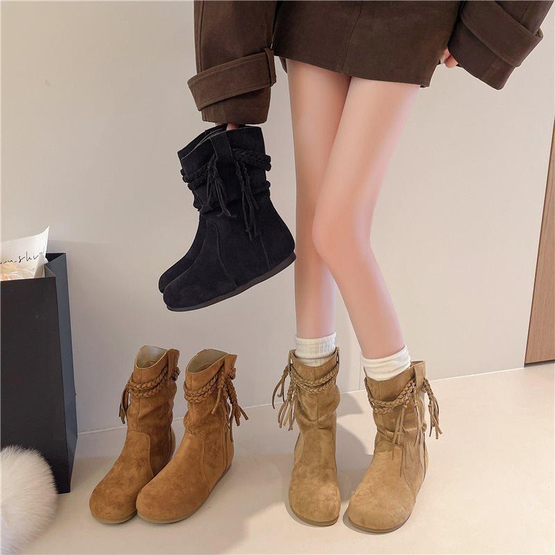 Medium boots slim women's Su 2025 pile autumn and winter flat-bottomed knight boots new wasteland wind retro short boots women's no