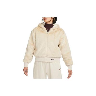 Sportswear Essentials Series Hooded Logo Print Loose Faux Fur Jacket Women Jackets Vine-Yellow DV7064-206