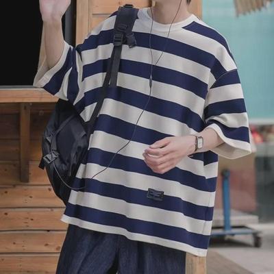2024 Hong Kong Style Striped Short-Sleeve T-Shirt, Men's Korean Loose Fit, Casual Couple's Top