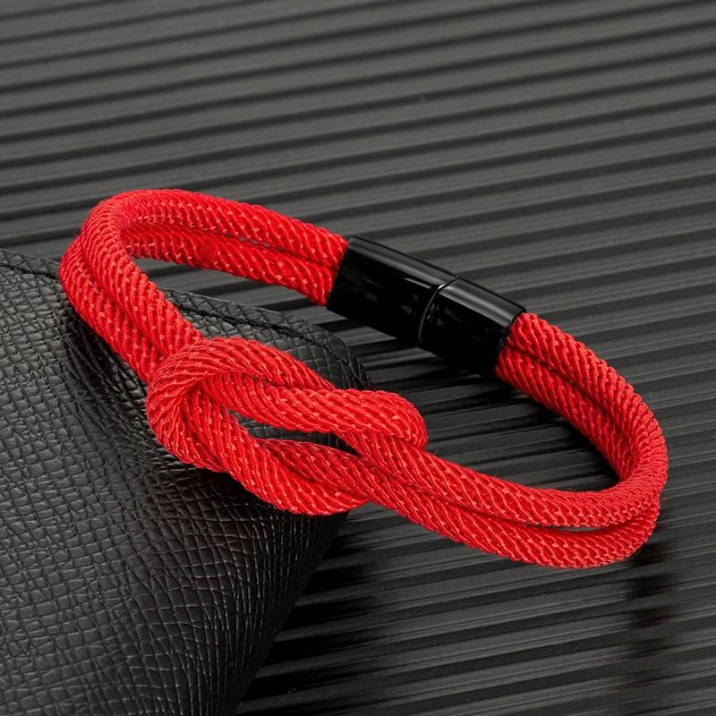 Herren Doppel-lagiges geknotetes Seilarmband für Damen Schwarzer Edelstahl Schieber Magnetverschluss Unendlichkeit Partner Schmuck