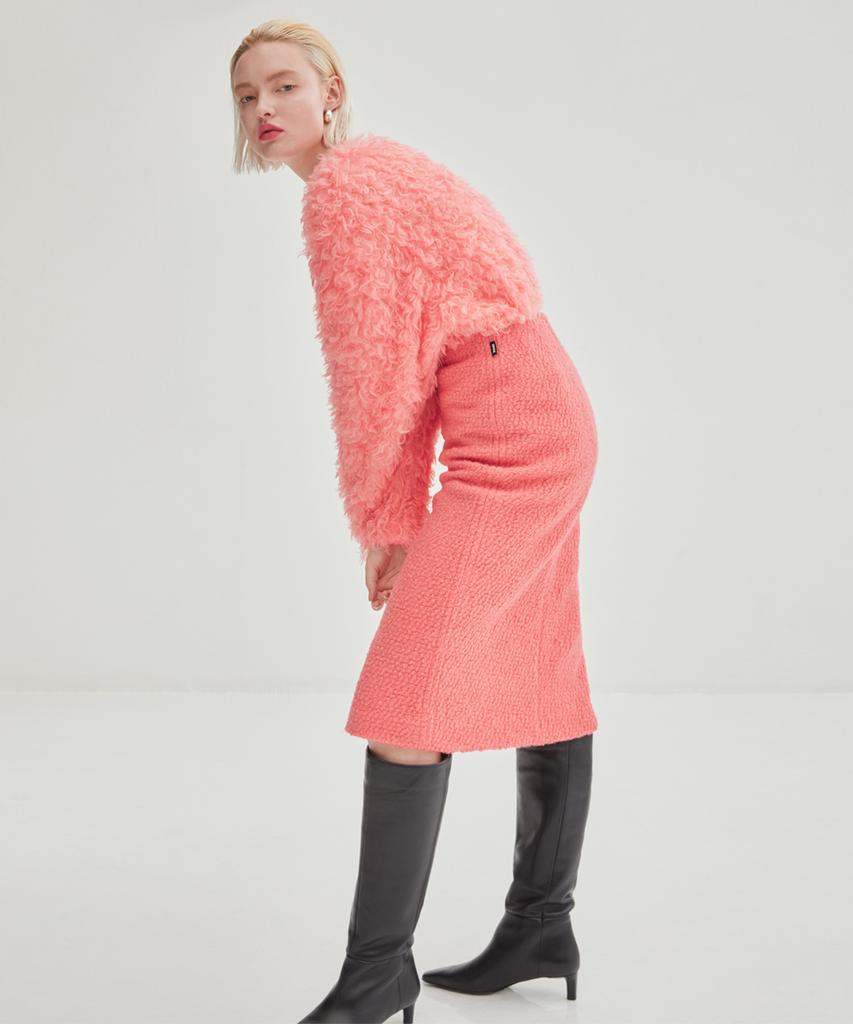 Onneu Stitched Wool Tweed Midi Skirt - Pink