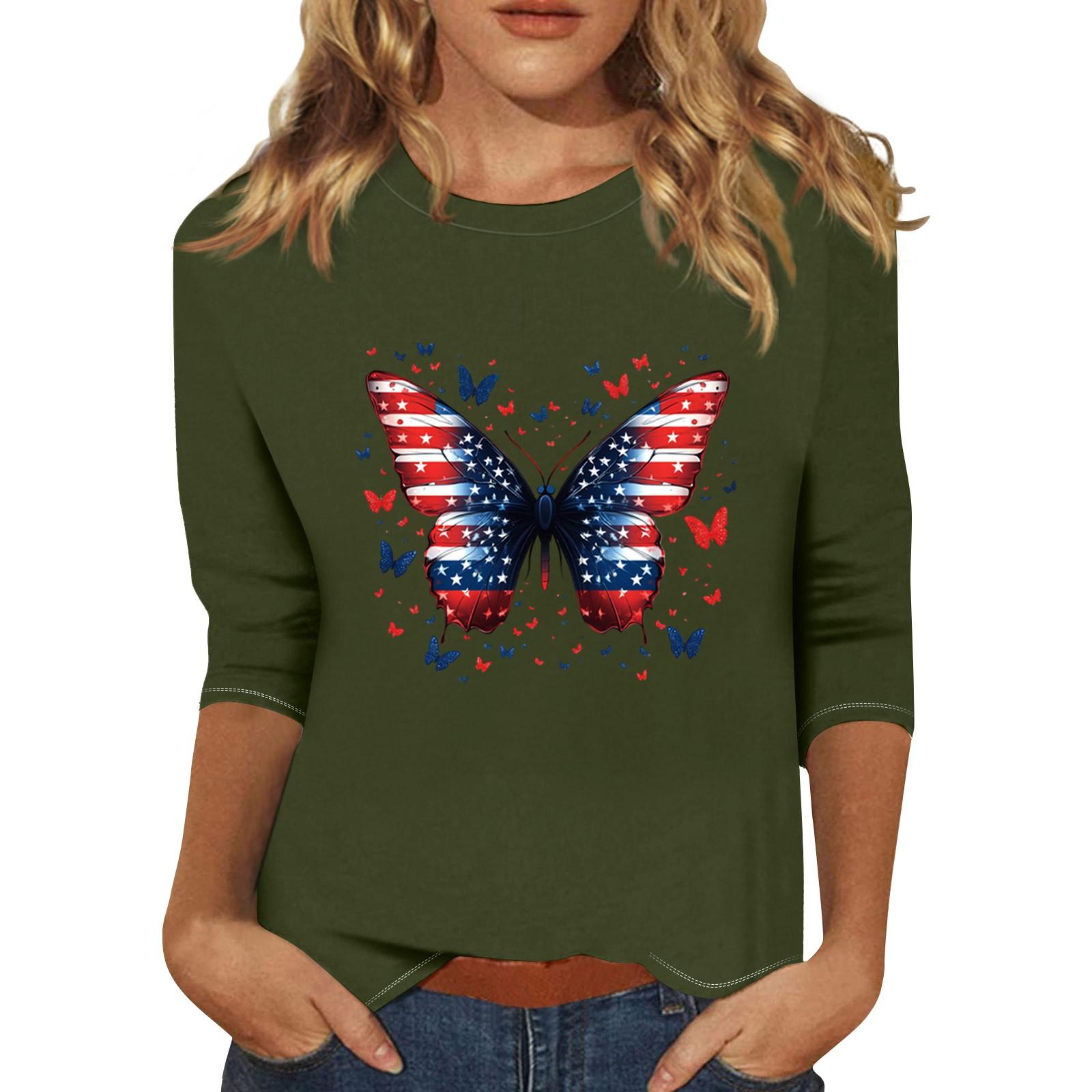 Women s Print Round Neck Top With Three Quarter Sleeves T-Shirt Three Quarter Sleeves T-Shirt L