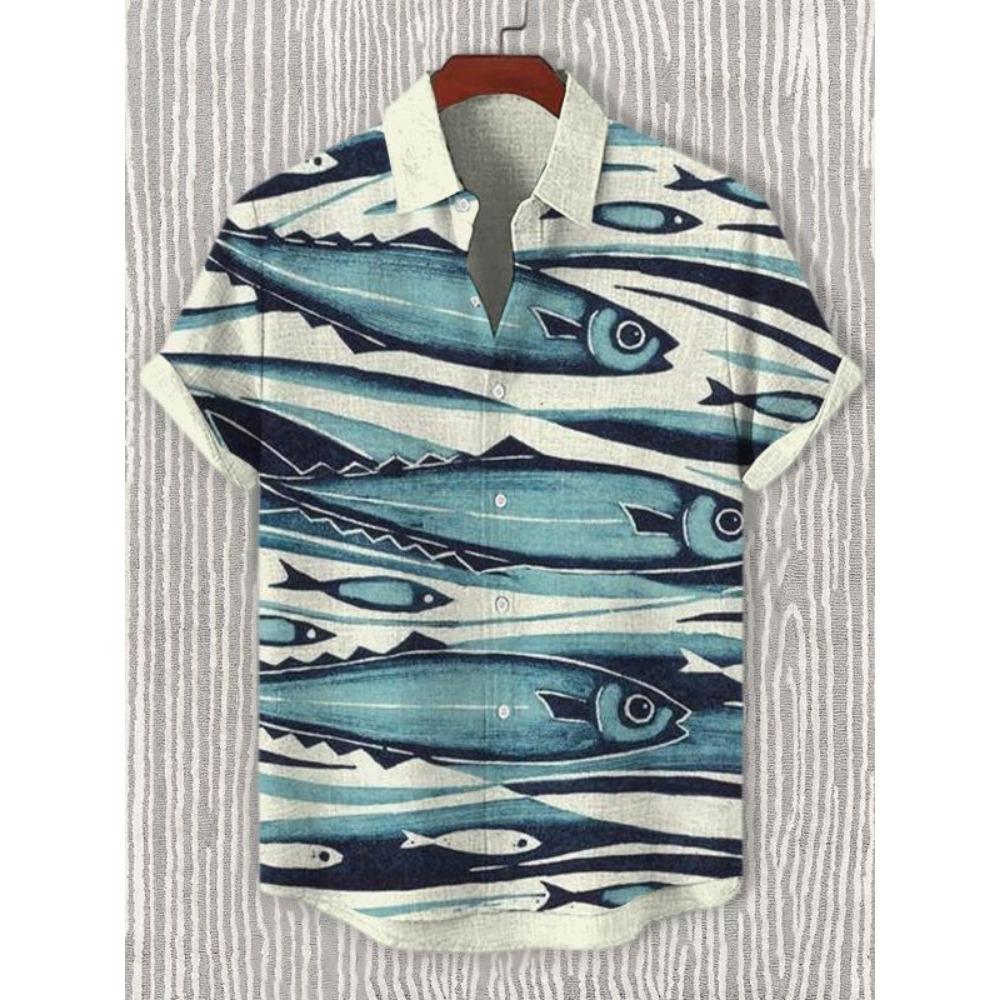 Summer Men's Casual Sea Life Graphic Short Sleeved Shirt Button Down Lapel Shirts Oversized Tops Casual Hawaiian Shirt for Men