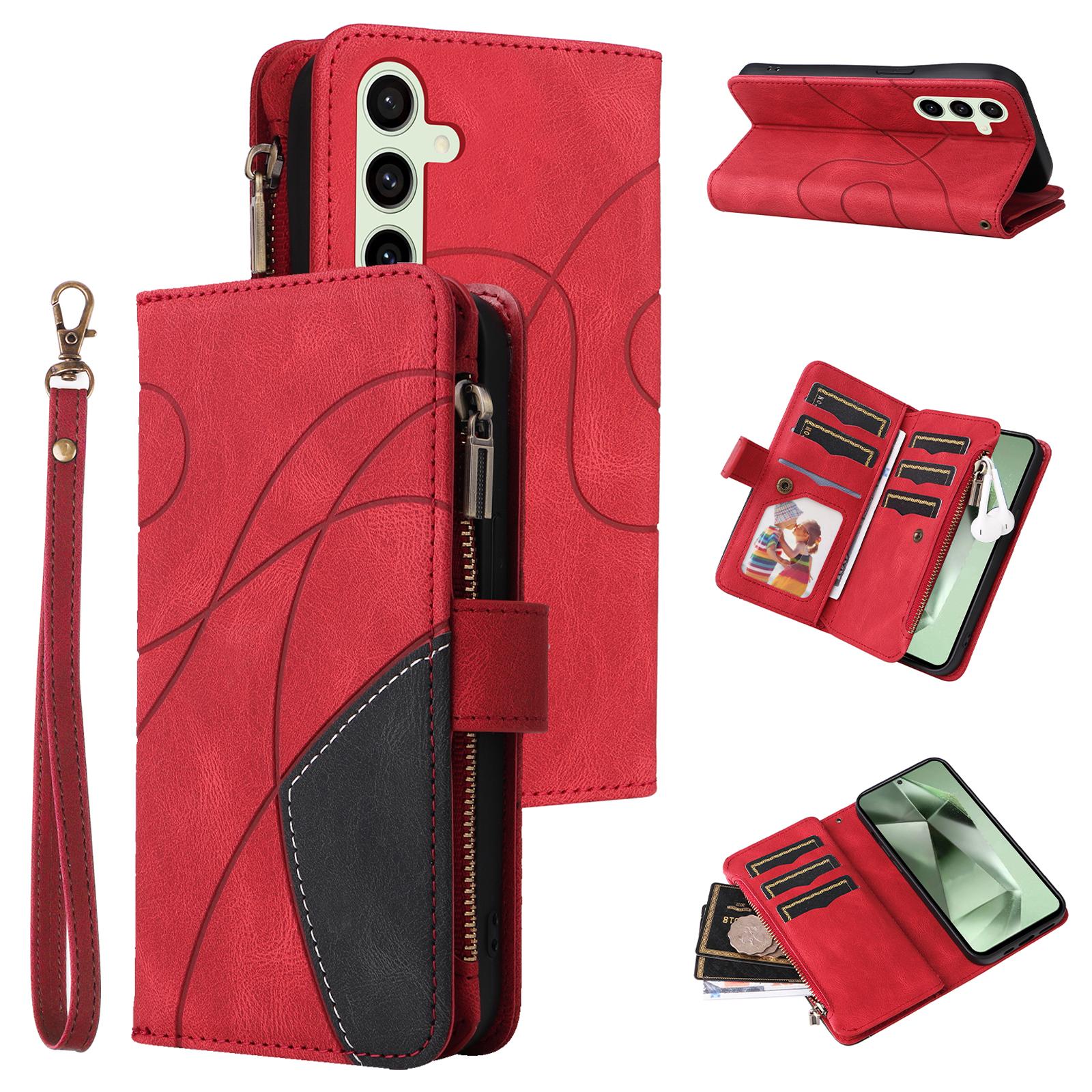 

For Samsung Galaxy S24 FE Leather Case with Strap Zipper 9 Card Slot Phone Cover Stand Red