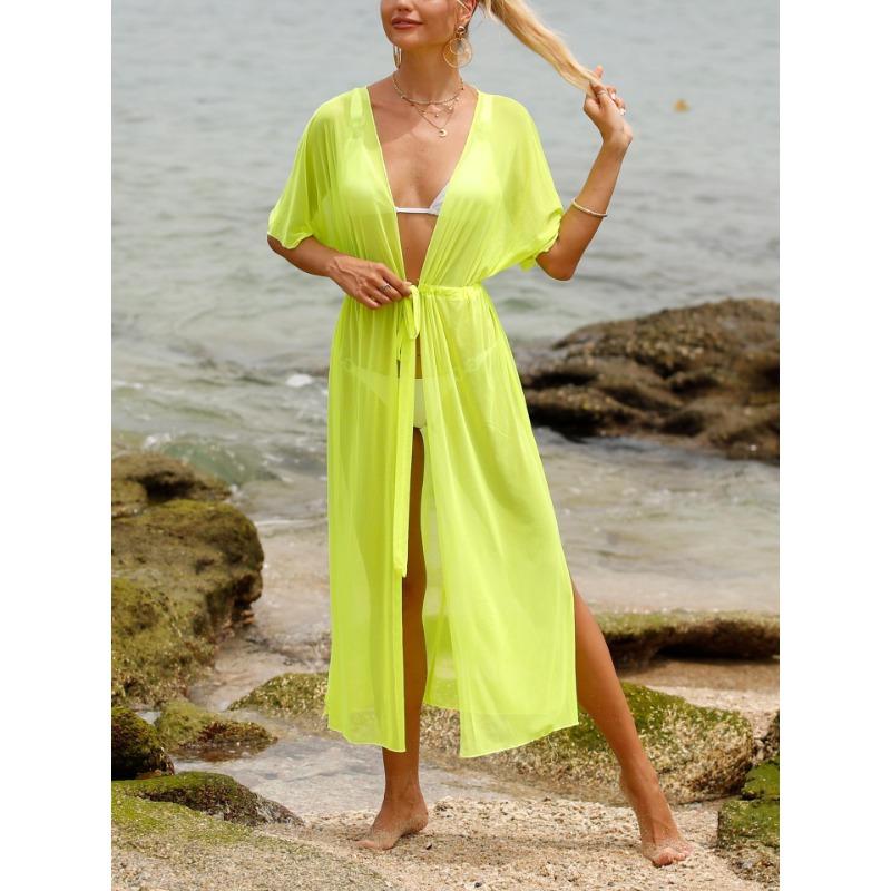 Women's Beach Sun Protection Strap Waist Slit See Through Mesh Bikini Cardigan Cover Up