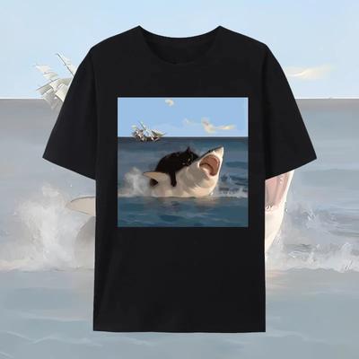 Camisetas Divertidas con Estampado de Gato Mordiendo Tiburón Unisex para Mujer Verano Casual Moda Tops Sueltos Streetwear Cuello Redondo Manga Corta Camisetas