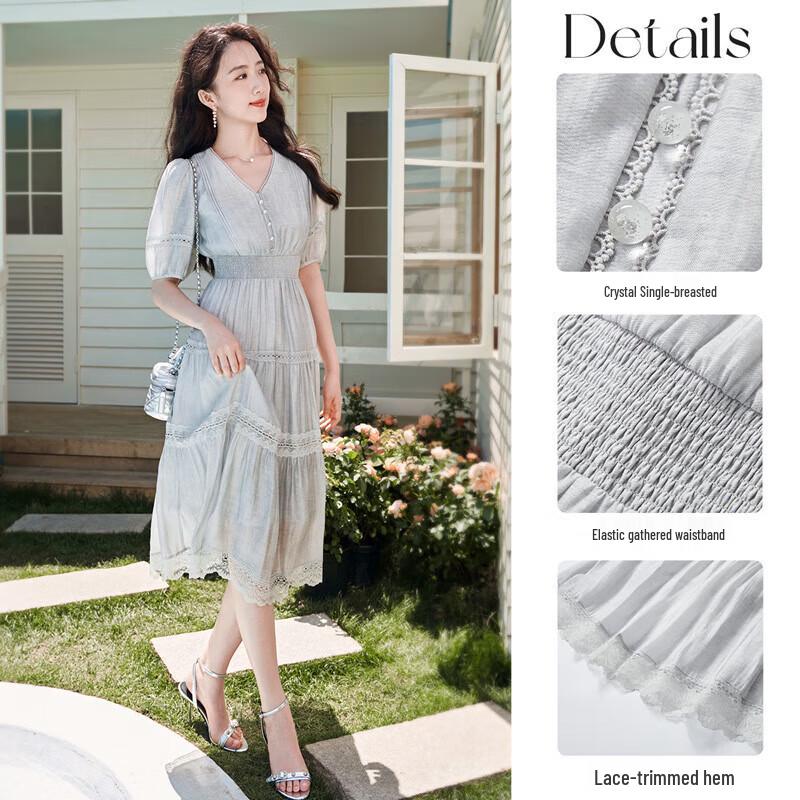 Women's Elegant French Style Lace Puff Sleeve A-line Dress