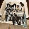 Striped Contrasting Knit Vest for Women's Summer Age Reduction, Button Up Sleeveless Style Patchwork Top with Inner Lining