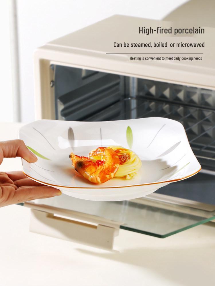 Japanese Style 4/6 Piece Square Ceramic Plate Set: Thick, Microwaveable Ruyi Rice Plates