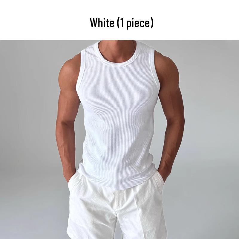 Herren Weißes Rippstrick-Ärmelloses Slim-Fit T-Shirt im Amerikanischen Stil mit Vertikalen Streifen - Sommer 2025 Edition 3XL weiß