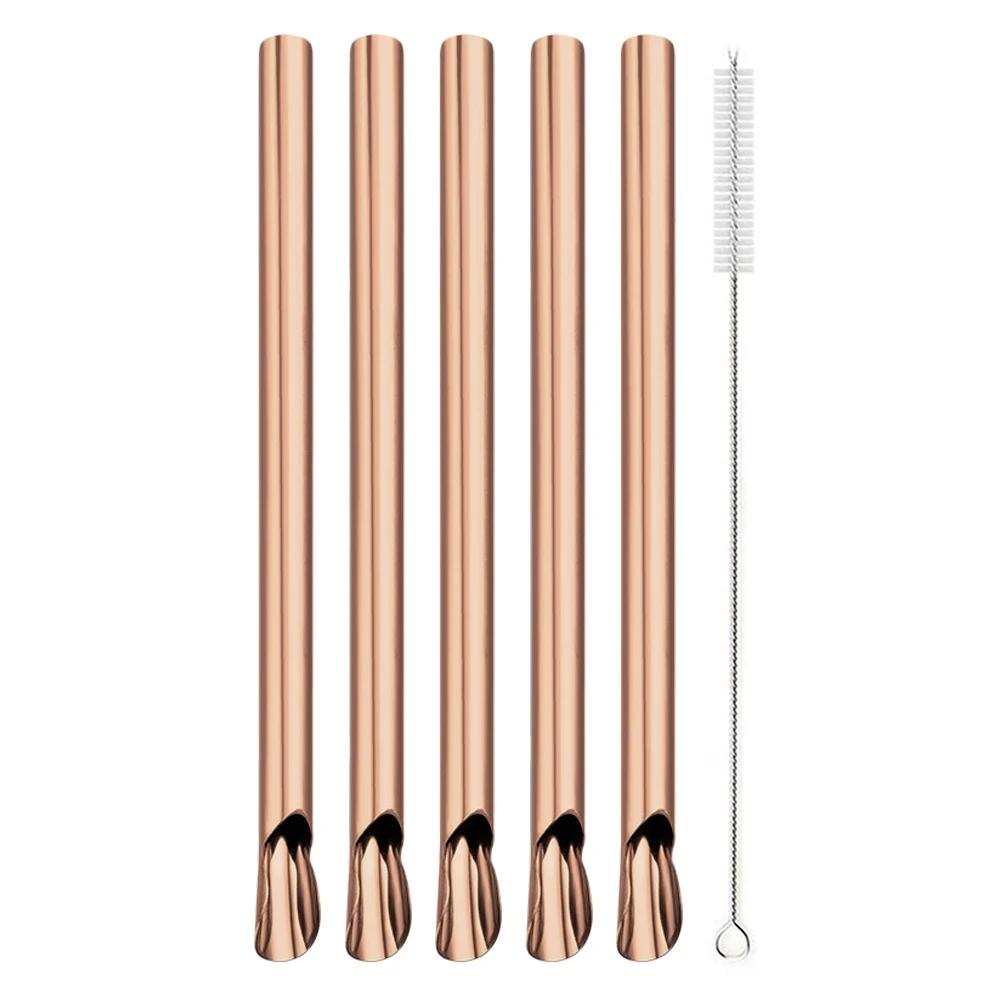 Reusable 304 Stainless Steel Straw Pearl Milkshake Bubble Tea 6Pcs Straw with Brush Set Stirring Smoothie Spoon Shaped Straw