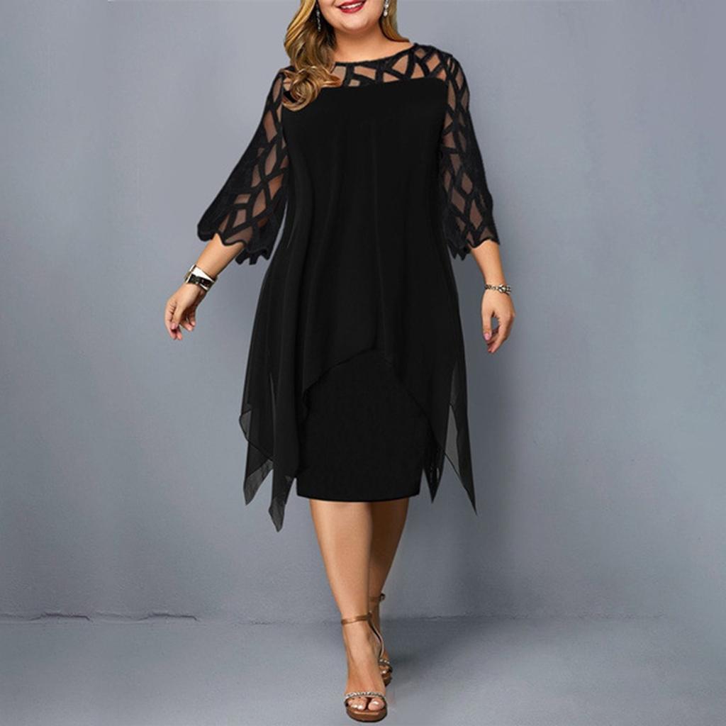 Women's Round Neck Lace Patchwork Cropped Hem Dress With 3/4 Sleeves